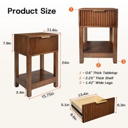Solid Wood Nightstand with Drawer, Mid-Century Real Wooden Bedside Table with St