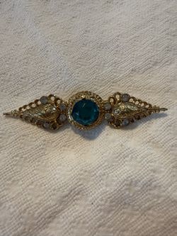 Vintage MJ ENT Aqua Blue Glass Stone Brooch – Ornate Gold Filigree Design
