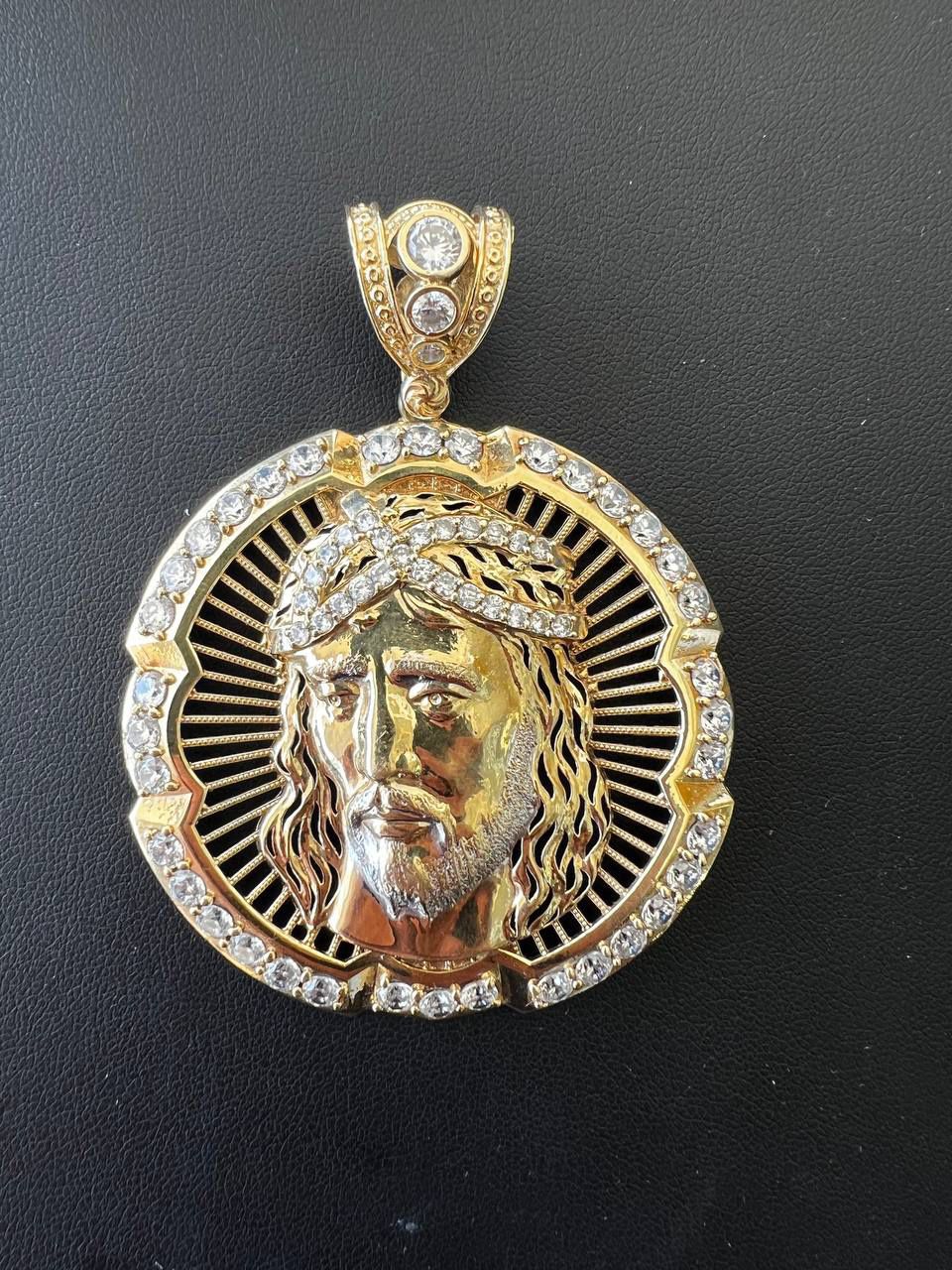 Big Jesus head pendant made of 10k solid gold and CZ stones