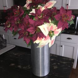Silk Christmas Winter Pointsettas in tall Cylinder metal vase