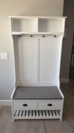 Entryway Hall Tree (shoe bench, storage shelves, and drawers)