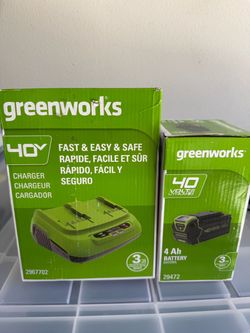 Greenworks Elite 40V 24-Inch Hedge Trimmer, Greenworks G-MAX 40V 16-Inch Chainsaw, and one charger and one battery (everything sold separately - see d