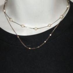 Gold Tone Necklace With Pearl Beads Two Strands