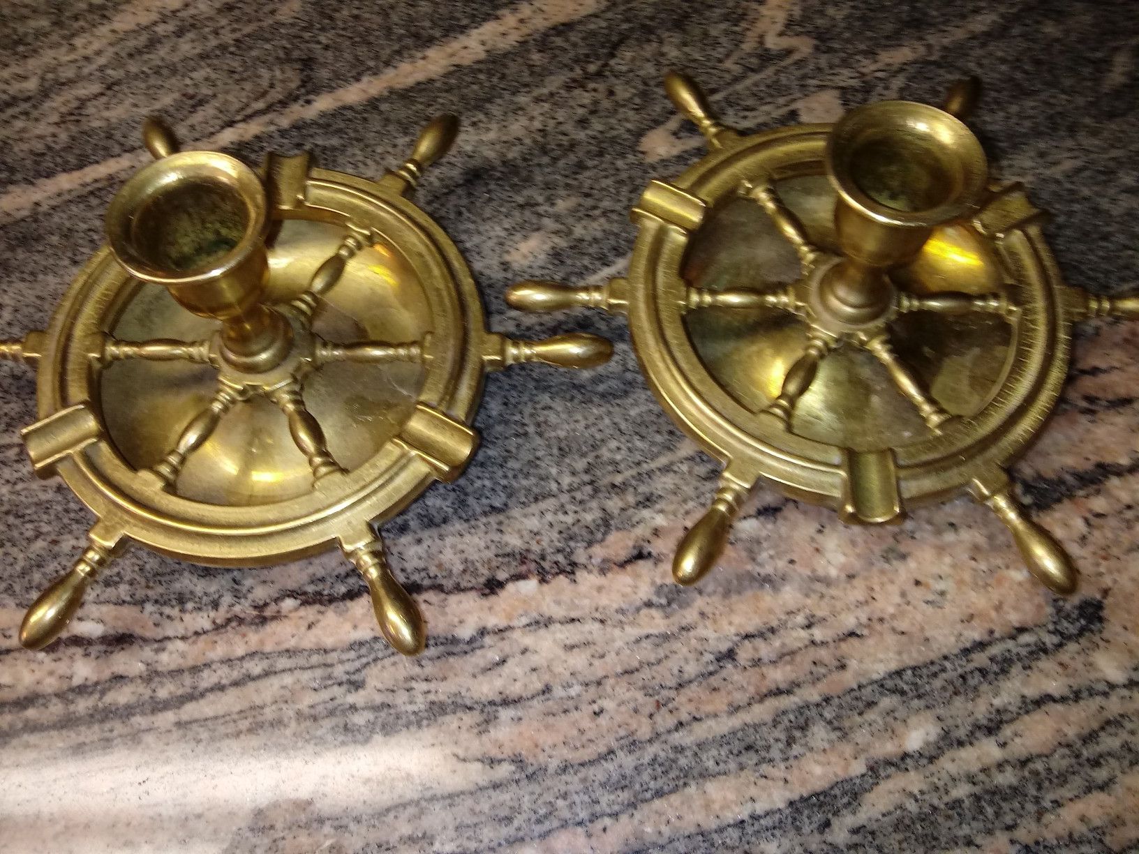 HEAVY PAIR OF GOLD SHIP WHEEL CANDLE HOLDER, INCENSE, ASHTRAY