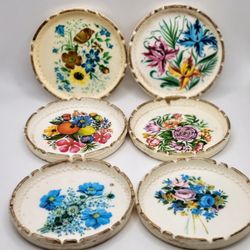 Set Of 6 Vintage Celluloid Floral Coasters Italy 4"