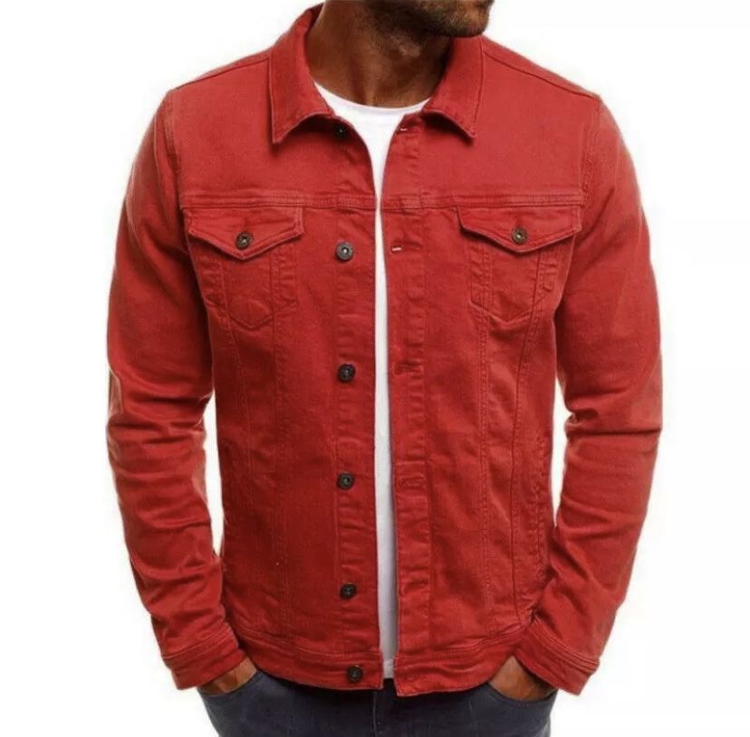 Men’s Premium Faded Denim 2XL Cotton Jean Button Up Red Jacket Casual Tops 4XL