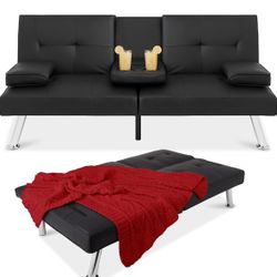 Best Choice Products Faux Leather Upholstered Modern Convertible Futon, Adjustable Folding Sofa Bed, Guest Bed w/Removable Armrests - Black