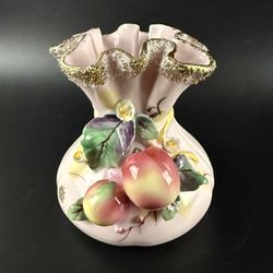 Vintage Lefton Pink Porcelain Sack Vase - Ruffled Top, Applied Fruit, Spaghetti Trim (1950s)