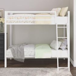 O475 $150  Metal Bunk Bed Twin Over Twin Size for Junior & Adults with Angled Ladder & Heavy Duty Safety Guardrail, Space-Saving/Noise Free, White  To