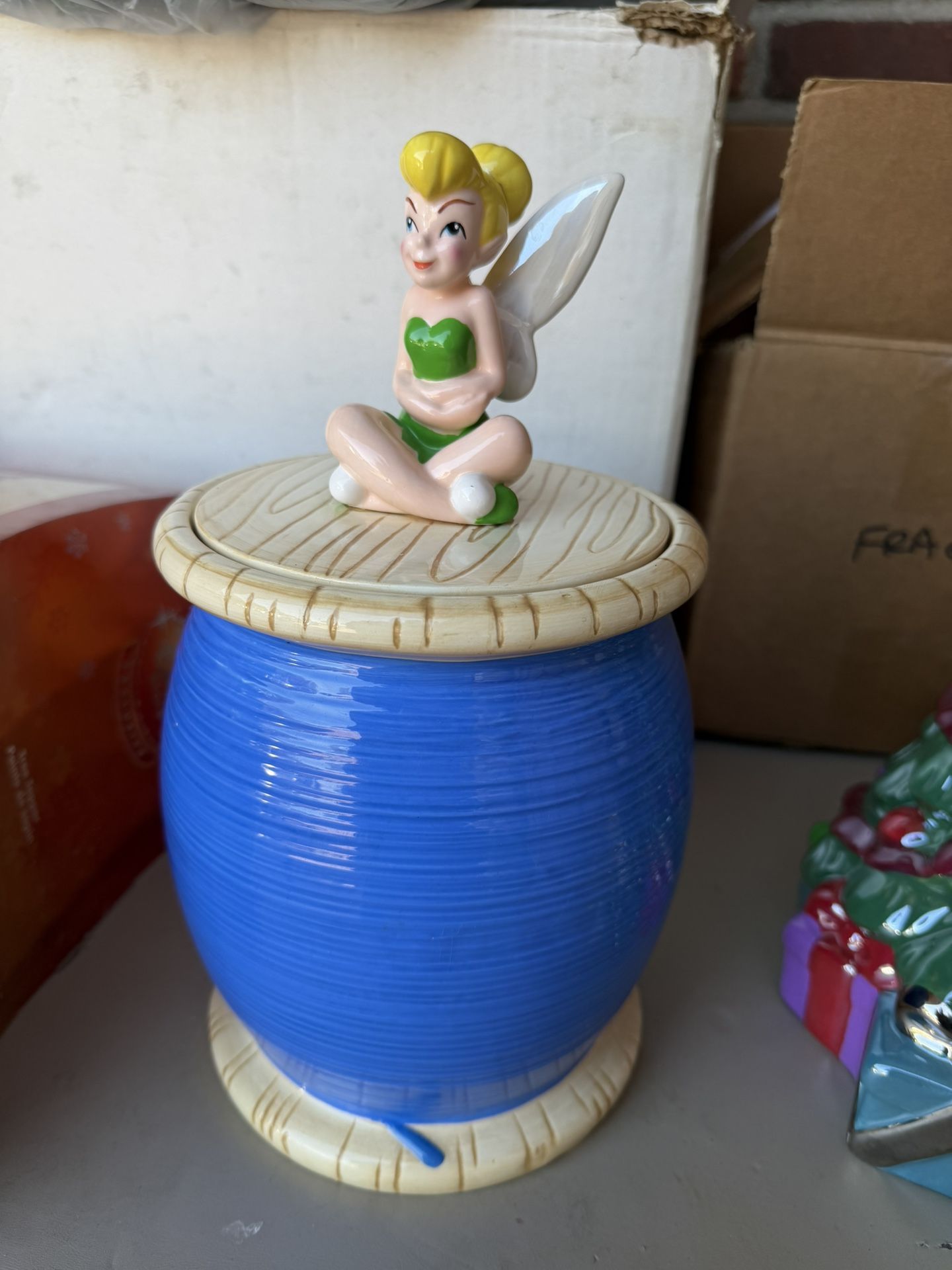 Disney Store Tinkerbell Sitting on a Blue Spool of Thread Cookie Jar