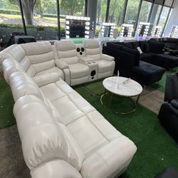 White Recliner Sectional with Bluetooth Speaker and LED Lights