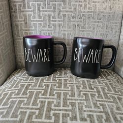 Rae Dunn BEWARE Halloween Mugs Set of 2 Glossy Black Purple Interior NWOT