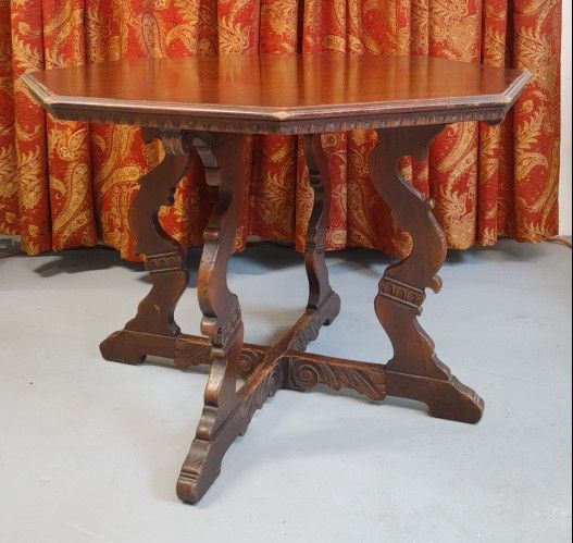 Antique Octagon Wood Center Table Carved Walnut Jacobean Renaissance Card Game Parlor Victorian