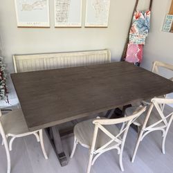 Farmhouse Table w/ 4 Chairs + Bench – Excellent Condition!