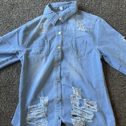 Womens Blue Denim Ripped Jacket