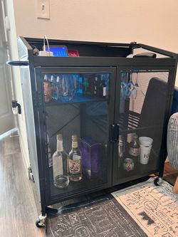 Industrial Bar Cart / Liquor Cabinet with LED Lights, Outlets & Wheels