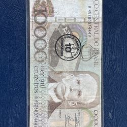 BRASIL BANCO BRAZIL 10000 DEZ MIL CRUZEIROS BANK NOTE PAPER MONEY ~RUI BARBOSA