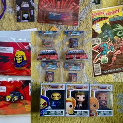 MOTU / MASTERS OF THE UNIVERSE LOT: 3 Funko Pops (incl She-ra), SDCC x Mattel Pins, First Appearance Superman DC Comic, More Comic Books,  4 World’s S