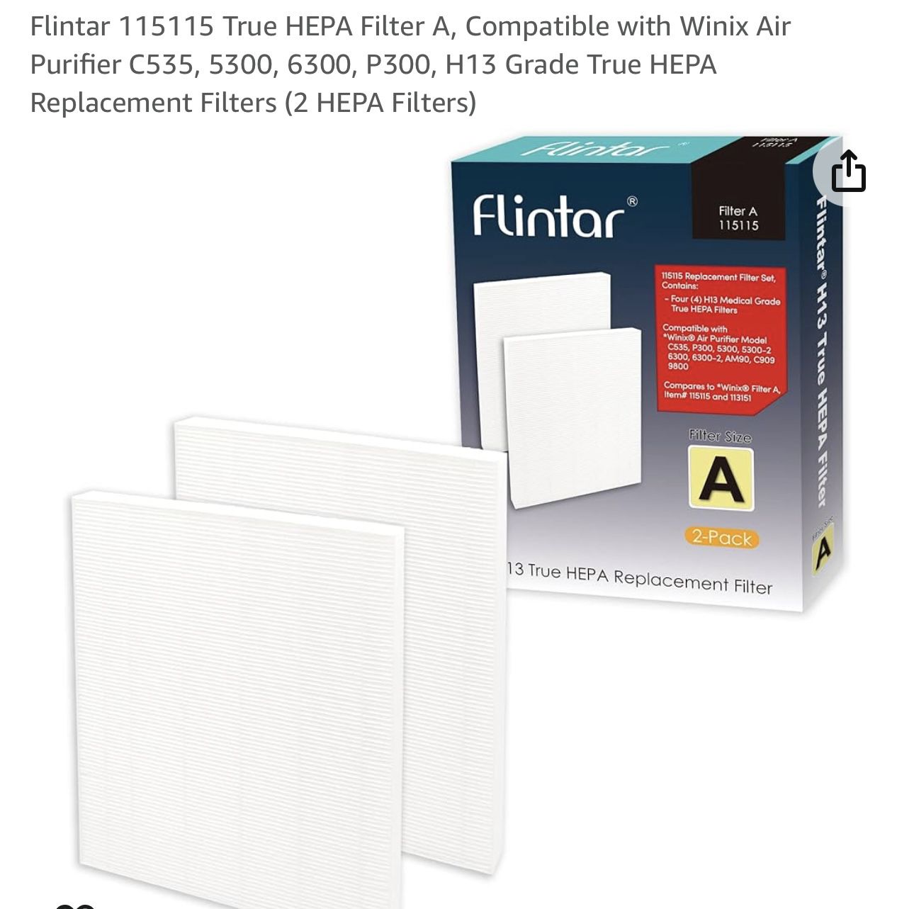 Flintar 115115 True HEPA Filter A, Compatible with Winix Air Purifier C535, 5300, 6300, P300, H13 Grade True HEPA Replacement Filters (2 HEPA Filters)