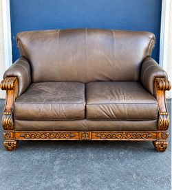 100% genuine leather custom carved wood sofa