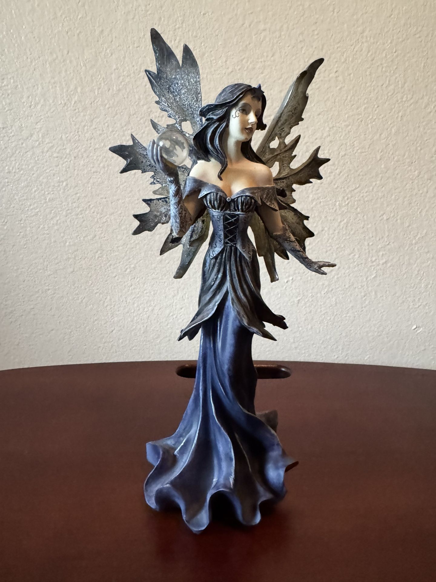 Mystic Fairy Figurine in Dark Blue and Silver - Home Art Statue. Elegant fairy figurine with flowing dark blue gown and silver-toned wings. Detailed