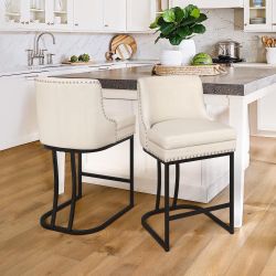 26 in. Ivory Faux Leather Upholstered  Bar Stool Set of 2