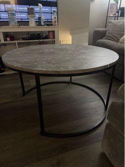 Gray Marble Coffee Table with Black Metal Base