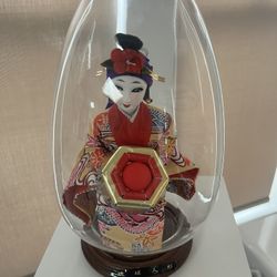 Japanese Okinawa Porcelain Ryukyu Geisha Doll Encased Clear Glass Egg 11 X 6"
