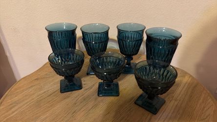 Teal Blue Pressed Glass Goblets and Dessert Cups Set