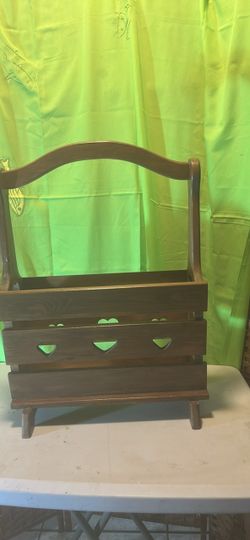 Vintage 1980s Country Wooden Magazine Rack with Heart Cutout, Rustic Pine Floor Caddy, $28 CASH