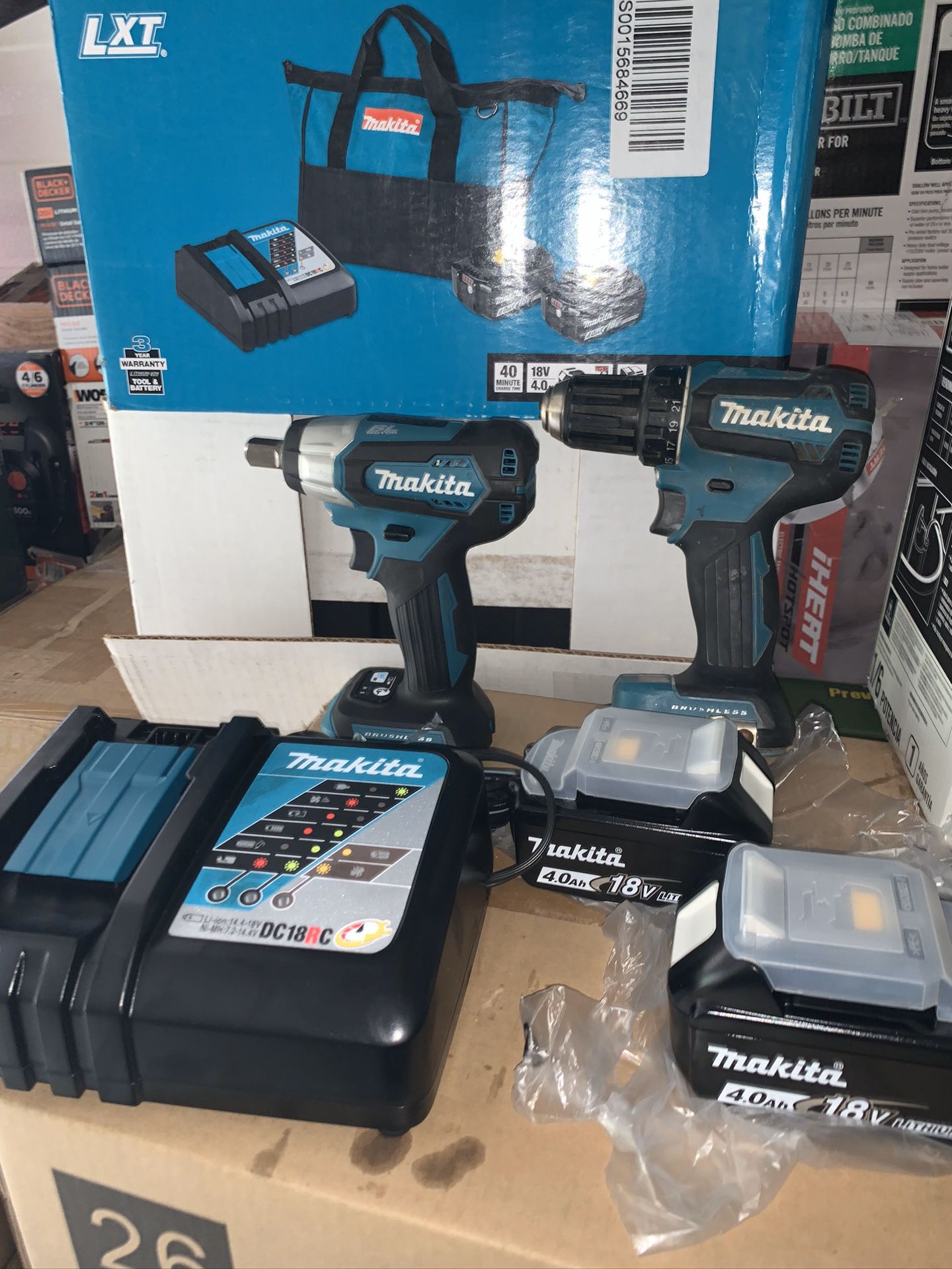 Makita 1/2 impact wrench brushless & drill 2 batteries and fast charger tool bag included