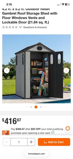 4.2 ft. x 5.2 ft. Outdoor Resin Gambrel Roof Storage Shed with Floor Windows Vents and Lockable Door (21.84 sq. ft.) 7ft tall