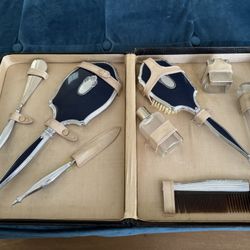 Vintage Travel Vanity Set with Mirror, Brush, and Bottles