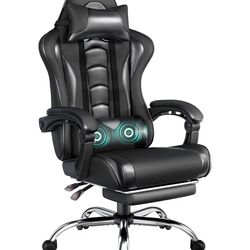 Ergonomic Gaming Chair, High Back Office Chair with Slide-Out Footrest, Massage Lumbar Pillow, Removable Head Pillow, Reclining Swivel Computer Chair 