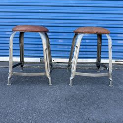 Industrial Metal Stools with Stitched Leather Round Seats Set of 2