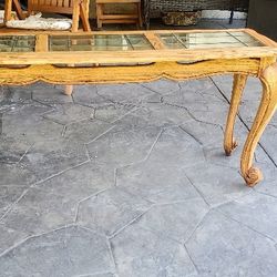 Vintage  Oak Wood Entry Console Table w Beveled  Stained Glass Top in Excellent condition  Top of table dimensions 60" × 18",  Height  dimension 26"