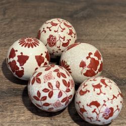 Vintage Red & White Porcelain Carpet Balls - Set of -5 Chinoiserie Cinnabar Orbs