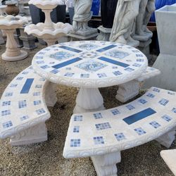 Concrete Mosaic Picnic Table with 3 Benches/ Outdoor Patio Furniture