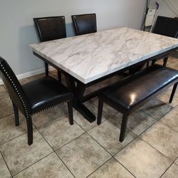 Super Special Dining Set Table Faux Marble Top W/ 4 Chairs & Bench $799 