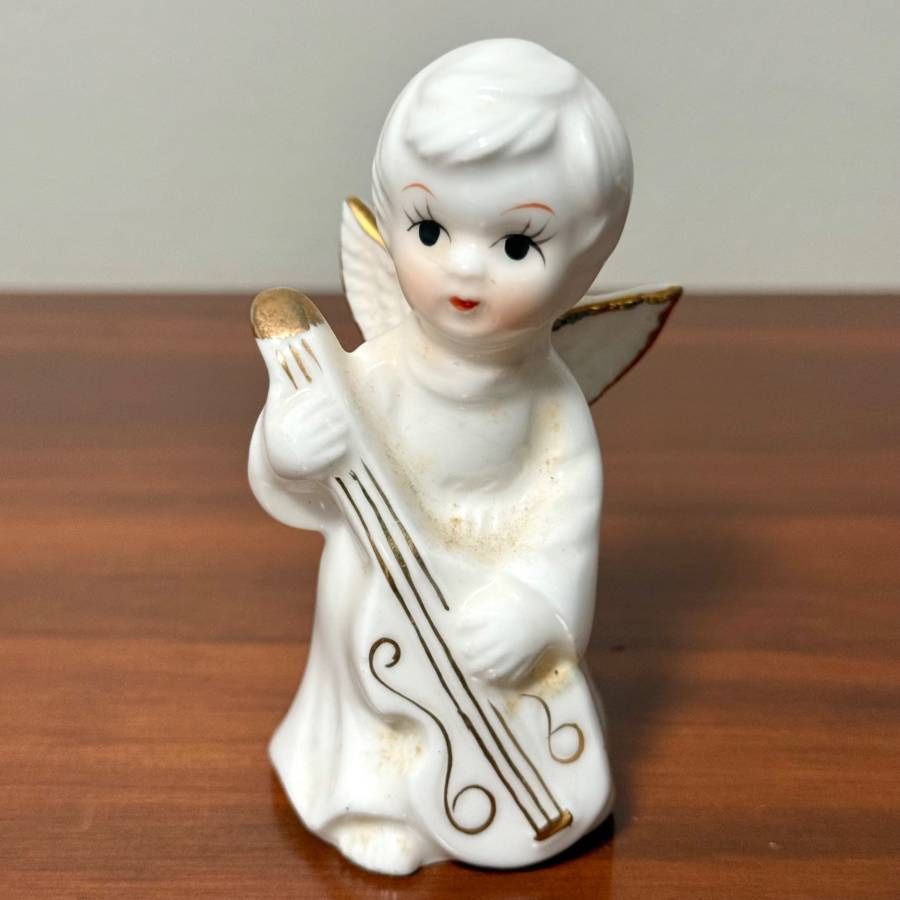 Vintage Christmas Decor Ceramic Porcelain Angel Figurine In Gold Trim Playing Musical Instrument