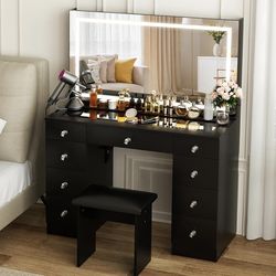 Vanity with Lighted Mirror - Glass Top Makeup Desk with Power Outlet and 9 Drawers, 3 Color Lighting Modes Adjustable Brightness, 43" Vanity Desk with