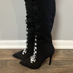 NEW Womens Black Suede Over The Knee Lace up Boots