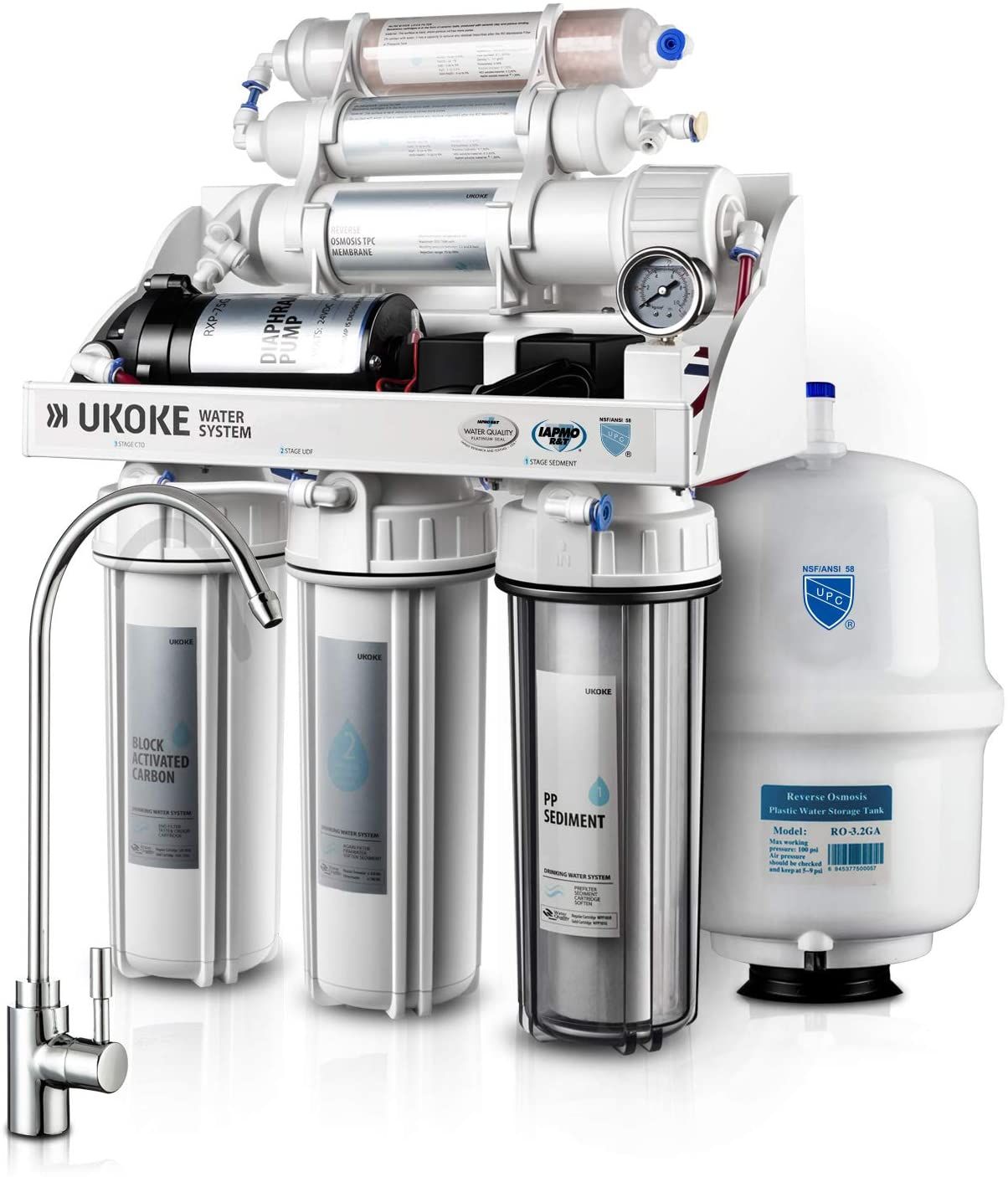 Ukoke RO75GP 6 Stages Reverse Osmosis Water Filtration System, Under Sink pH+ Alkaline Remineralizing RO filter & Softener, NSF/ANSI 58 & IAPMO Platin