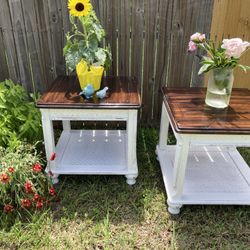 2 Side Tables Shabby Chic Solid Wood 