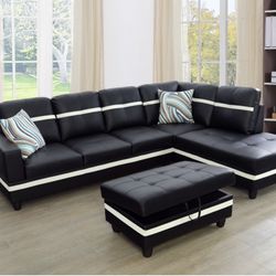 Black And White Sectional Sofa Leather Couch Include FREE Ottoman, Chaise And Pillows 