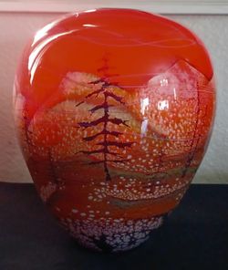 Richard Satava Studio Art Glass Large Red YELLOWSTONE Landscape Vase 10.5" with COA