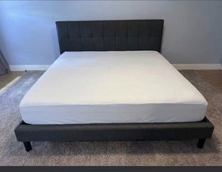 Dark Gray Upholstered King Platform Bed Frame and Mattress