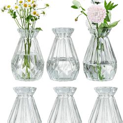 Small Glass Bud Vase, 5 Inch Decorative Flower Vases, Mini Vintage Style Centerpiece Vases with Diamond Faceted Design, Set of 6