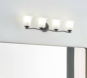 New Vanity Light for Bathroom, 4 Lights, Bronze, 32” X 6.25”, Satin Etched Glass Shades. Retail about $150.