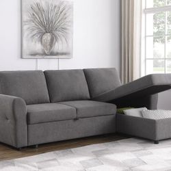New Sectional Sleeper Sofa With Storage Chaise In Dark Grey! 